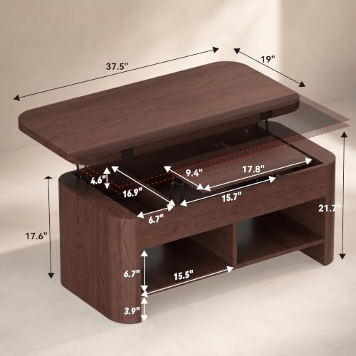 37.5" Lift Top Coffee Table with Storage, Farmhouse Coffee Table with Hidden Compartment & Open Shelf, Lifting Tabletop, for Living Room, Home Office - color: Brown