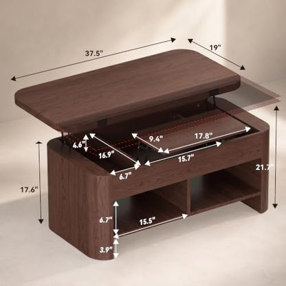 37.5" Lift Top Coffee Table with Storage, Farmhouse Coffee Table with Hidden Compartment & Open Shelf, Lifting Tabletop, for Living Room, Home Office - color: Brown