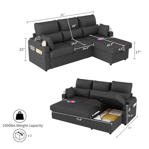 L-Sofa Bed Sleeper Pull Out with Storage Function and Two USB Ports and Cup Holder, Perfect for Small Space Modern Convertible Sofa Bed Living Room, Apartment Living Room - color: Black, size: 81'' L shape sofa