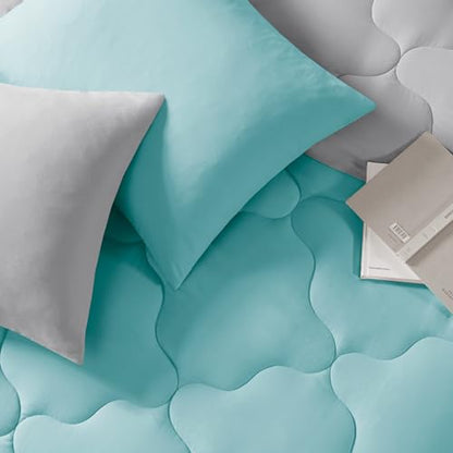 Comfort Spaces Vixie Reversible Comforter Set - Trendy Casual Geometric Quilted Cover, All Season Down Alternative Cozy Bedding, Matching Sham, Aqua/Gray, Twin/Twin XL 2 piece | Down Alternative, All Season, Bedding for Bedroom, Geometric Pattern, Reversi