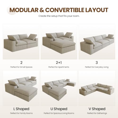118" Cloud Modular Sofa, Convertible Modular 3 Seater Couch, Cotton Linen Fabric Sofa for Living Room, Apartment and Bedroom, Removable Covers, 2 Pillows, Khaki - color: Khaki, size: 3-Seater