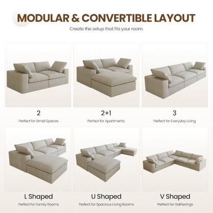 118" Cloud Modular Sofa, Convertible Modular 3 Seater Couch, Cotton Linen Fabric Sofa for Living Room, Apartment and Bedroom, Removable Covers, 2 Pillows, Khaki - color: Khaki, size: 3-Seater