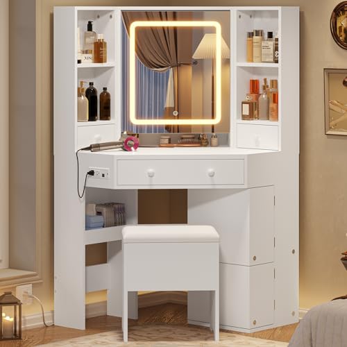 Corner Vanity Desk with Lights and Charging Station, Makeup Vanity with Lights, Vanity Set with Mirror and Storage Stool, Makeup Table with Drawers, Rotating Shelves, White - style: Modern White