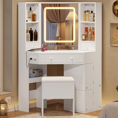 Corner Vanity Desk with Lights and Charging Station, Makeup Vanity with Lights, Vanity Set with Mirror and Storage Stool, Makeup Table with Drawers, Rotating Shelves, White - style: Modern White