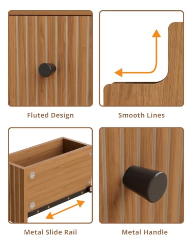 Narrow Nightstand Set of 2 with Charging Station for Small Bedroom | Open Shelf and 2 Drawers, For Small Space, Living Room, Bedroom or Sofa Side Use, Wood Grain Look, Raised Tray Top