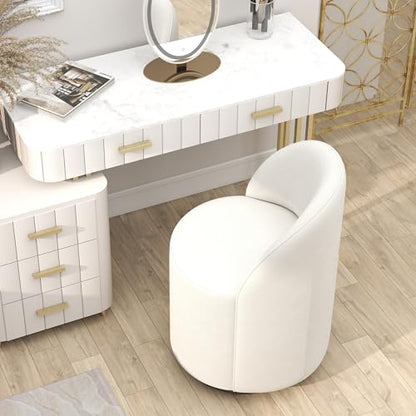 HNY Upholstered Kitchen & Dining Room Barrel Chair, Mid Century Modern Round Velvet Dining Chair, 360 Degree Swivel Comfy Armless Accent Makeup Vanity Side Chair for Bedroom Living Room, White - color: White
