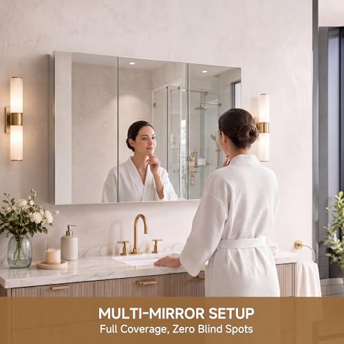 48" x 30" Bathroom Medicine Cabinet with Mirror, Recessed or Wall Mount | Medicine Cabinets with Adjustable Glass Shelves, Soft-Closed Hinge, Chrome Aluminum Frame, Reverse Installation - size: 48" x 30"