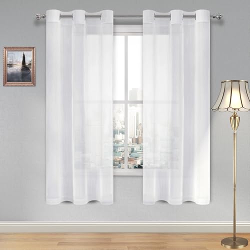 DWCN White Sheer Curtains, Grommet Top Faux Linen Look Voile Semi Transparent Solid Window Sheer Curtains Drapes for Bedroom Living Room, Set of 2 Panels 42 x 72 Inch Long, White - color: White, size: 42"W x 72"L (Pack of 2)