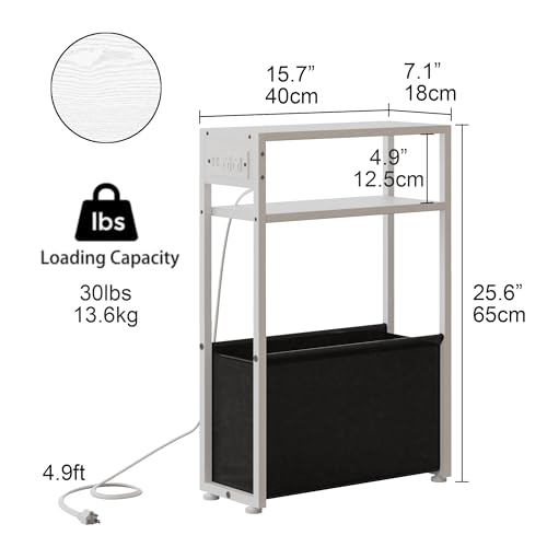 Leomonio White Side Table with Charging Station, Slim End Tables with Fabric Basket, Skinny Table for Small Spaces, Thin Bedside Table for Living Room, Bedroom - color: White - Outlet