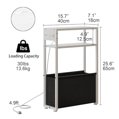 Leomonio White Side Table with Charging Station, Slim End Tables with Fabric Basket, Skinny Table for Small Spaces, Thin Bedside Table for Living Room, Bedroom - color: White - Outlet
