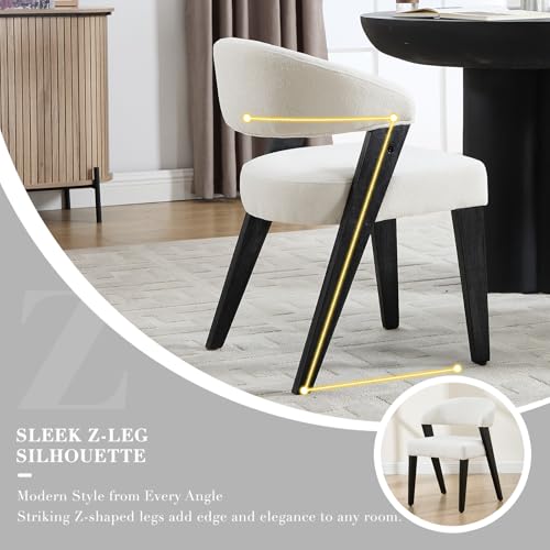 Mid Century Modern Dining Chairs with Arms Set of 2, Upholstered Kitchen & Dining Room Chairs, Barrel Backs/Black Solid Wood Legs, Comfortable Accent Chairs for Living Room, Chenille White - color: White