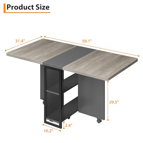 Premium Folding Dining Table - Space-Saving Drop Leaf Design with 6 Wheels & 2-Tier Storage - Expandable Kitchen & Dining Room Table in Grey