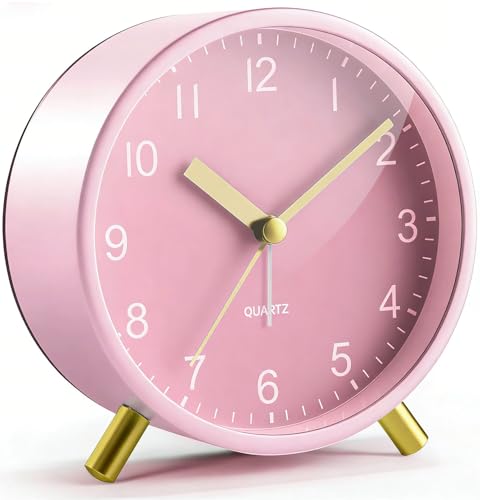 Back to School Silent Analog Quartz Alarm Clock for Kids Bedroom,Night Light, Battery Operated, Fashionable Round Metal - color: Pink