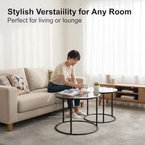 Round Nesting Coffee Table Set of 2, Glass Stacking Minimalist End Table | Modern Marble Pattern Wooden Nesting Tables for Living Room Bedroom Small Space, Clear Tempered Glass and Black Leg - color: Glass & Black