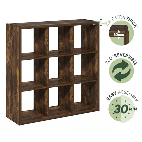 Furinno Cubicle 9-Cube Book Shelf, Extra Thick Frame Bookshelf, Amber Pine | 14.6" x 44" x 44", Reversible Bookcase with Open Back, for Living Room, Bedroom, Home Office - color: Amber Pine, size: 9-Cube
