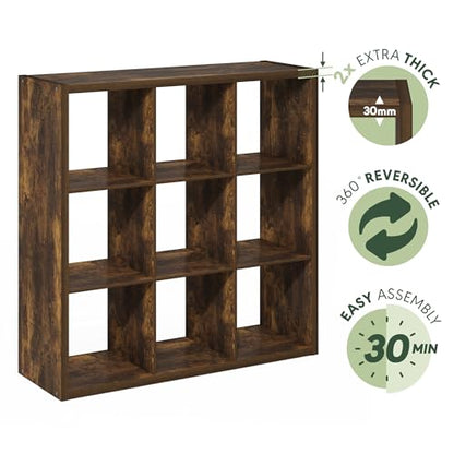 Furinno Cubicle 9-Cube Book Shelf, Extra Thick Frame Bookshelf, Amber Pine | 14.6" x 44" x 44", Reversible Bookcase with Open Back, for Living Room, Bedroom, Home Office - color: Amber Pine, size: 9-Cube