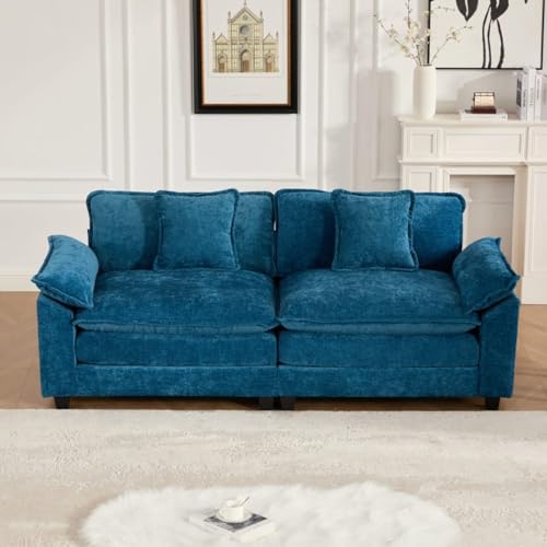 81.9'' Modern Sectional Couch with Double Layer Upholstered Seat Cushion, Chenille LoveSeat Sofa Couch with Wider Armrest and Cushions, Living Room, Bedroom, Apartment, Easy Assembly, Blue - color: Blue