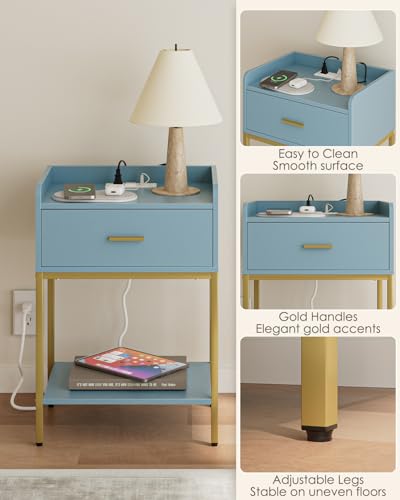 Masupu Nightstand with Charging Station,3-Tier Modern Bedside Night Stand with Storage Drawer and Shelf,Small End Side Table for Bedroom,Living Room,Gold and Blue - color: Outlet-blue