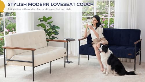 MAXYOYO Loveseat Sofa Chair, Love Seat, Sturdy Metal Frame, Wood Armrests | Button-Tufted Upholstery, Cozy Two-Person Seating for Modern Small Couches in Living Rooms, Bedrooms or Offices, Navy - color: Navy
