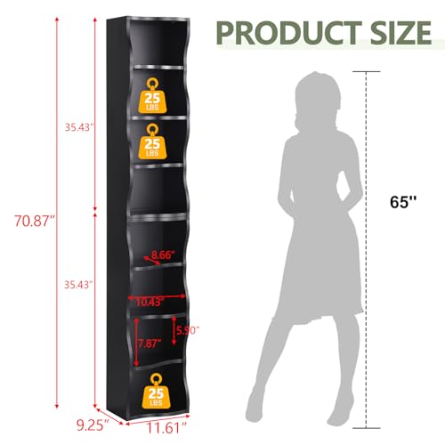Tall Narrow Bookshelf, 8 Tiers Ultra Slim Bookbase, Skinny Tall Bookshelf, for Living Room, Office, Small Space, Adjustable Shelves, A Wavy Border Design, 11.6'' X 9.3'' X 70.9'' (Black) - color: Black