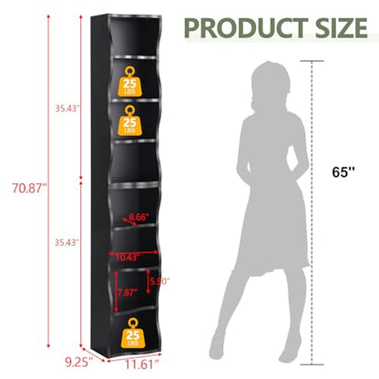 Tall Narrow Bookshelf, 8 Tiers Ultra Slim Bookbase, Skinny Tall Bookshelf, for Living Room, Office, Small Space, Adjustable Shelves, A Wavy Border Design, 11.6'' X 9.3'' X 70.9'' (Black) - color: Black