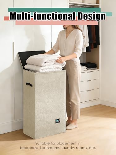 WTREE Laundry Hamper with Lid, Reinforced Sturdy Clothes Hamper with Anti-Puncture Base, Large Collapsible Laundry Basket with Removable Liner Bag, Tall Dirty Clothes Bin for Family, 100L Beige - color: Beige