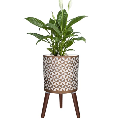 12 Inches Plant Pot with Stand with Legs | Large Modern Standing Planters for Indoor Outdoor Plants with Drainage Holes, Big White & Gold Flower Pots - color: White and Gold Pinwheel, size: 12 Inches