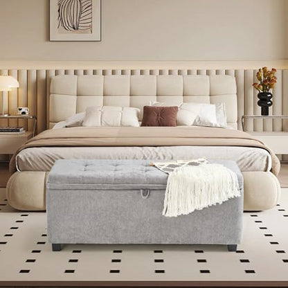 Gray Ottoman with Storage, 45 Inch End of Bed Bench with Pocket | 330 Lbs Capacity, Safety Hinge,Linen-Like Chenille Fabric, Hidden Storage Bench for Entryway, Living Room, Bedroom Footrest - color: Chenille-gray