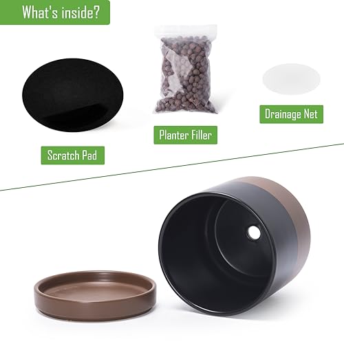 D'vine Dev 2-Pack Ceramic Pots with Saucers, Black/Tan, 6.5 in, 94-V-C-7 | Modern Cylinder Design, Glazed Ceramic, Drainage Hole & Saucer Included, High Temperature Fired, Elegant Home Accent - color: Black/Speckled Tan, size: 6 Inch