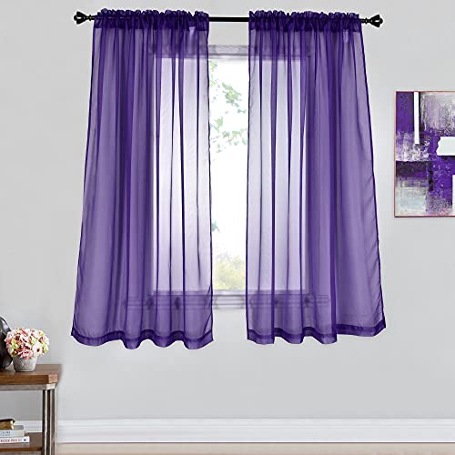 2 Panels Solid Color Dark Purple Sheer Curtains Elegant Rod Pocket Window Voile Panels Drapes for Bedroom Living Room (52X63 Inches) - color: Dark Purple, size: 52"W x 63"L (Pack of 2)