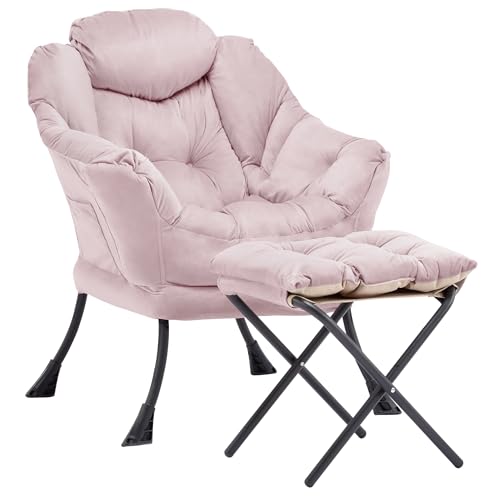 Lazy Chair with Ottoman, Comfy Reading Chair, Pink | Cushioned Seat with Foldable Ottoman and Side Pocket, Lounge Chair for Bedroom, Living Room, Dorm and Small Spaces - color: Light Pink