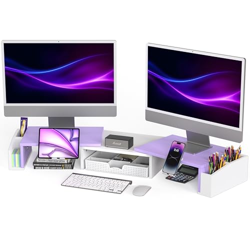 Simple Houseware Desk Dual Monitor Stand Riser with Drawer, Purple | Customizable Organizer Tray, Built-In Phone & Tablet Slot and Side Storage - color: Purple