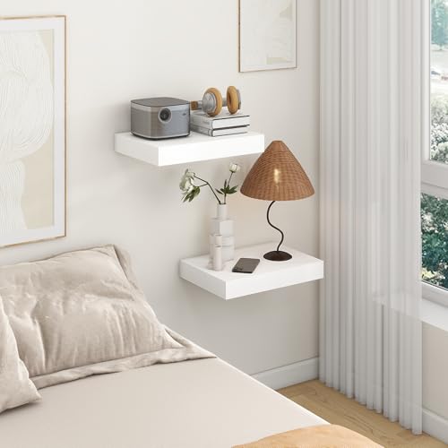 12 Inch Deep Floating Shelves, 16 Inch White Wall Shelves Set of 2 | Invisible Brackets, Engineered Wood, Mounting Hardware Included, 35LBS, Bathroom, Laundry Room, Kitchen, Living Room - color: White, size: 16W x 11.6D x 2H, 2 Pack