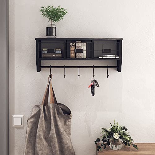 HBCY Creations Wall Mounted Shelf with Coat Hooks and Baskets, Solid Wood Entryway Organizer Wall Shelf with Hooks - Hang Coats, Keys or Coffee Mugs, Rustic Blackwash 24" Wide - color: Blackwash