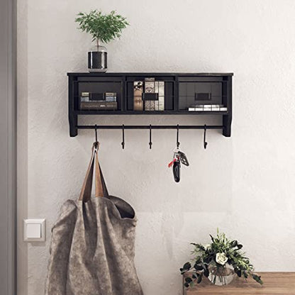 HBCY Creations Wall Mounted Shelf with Coat Hooks and Baskets, Solid Wood Entryway Organizer Wall Shelf with Hooks - Hang Coats, Keys or Coffee Mugs, Rustic Blackwash 24" Wide - color: Blackwash