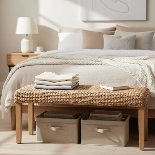 Solid Wood Acacia Indoor Bench, 47 Inch Water Hyacinth Seat, Fishbone Style | Natural Woven Seat, Living Room or Entryway, Bedroom End of Bed or Dining - color: Fishbone - Natural Leg & Water Hyacinth