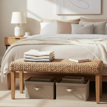Solid Wood Acacia Indoor Bench, 47 Inch Water Hyacinth Seat, Fishbone Style | Natural Woven Seat, Living Room or Entryway, Bedroom End of Bed or Dining - color: Fishbone - Natural Leg & Water Hyacinth
