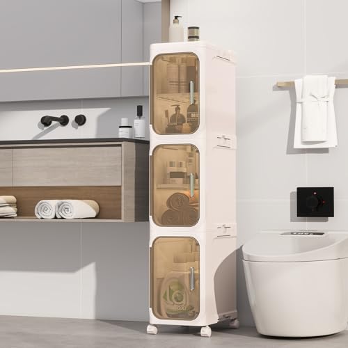 3 Tier Slim Bathroom Storage Cabinet, Foldable and Movable, Beige | Tools Free, ABS and PET, Magnetic Clear Door, Adjustable Shelves, Lockable Wheels, Water Resistant, For Narrow Space - color: Beige, size: 3 Tiers