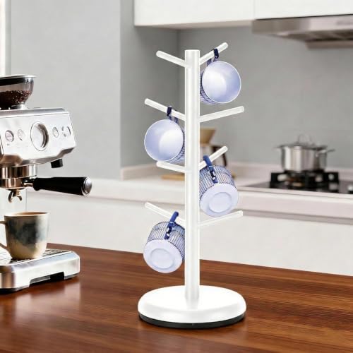 BAMBANG Mug Holder, 360° Rotating Mug Tree Holds 8 Coffee Cups, Space Saving Mug Stand with Stable Base for Kitchen Coffee Bar - color: White