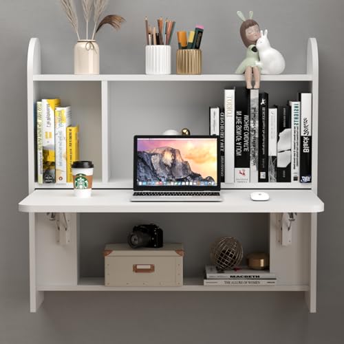 Wall Mounted Drop-Leaf Table, Floating Laptop Desk, Folding Table with Shelves, Multifunctional Computer Workstation with Storage Compartments in Home Office for Space Saving (White) - color: White
