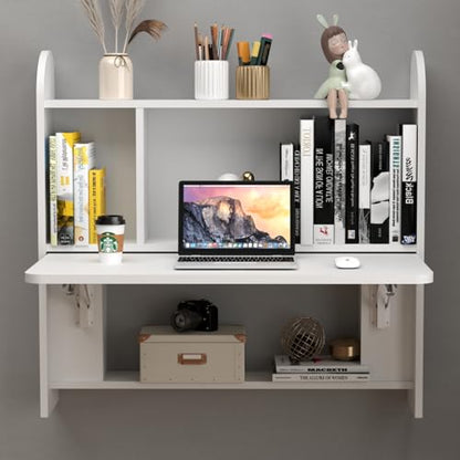 Wall Mounted Drop-Leaf Table, Floating Laptop Desk, Folding Table with Shelves, Multifunctional Computer Workstation with Storage Compartments in Home Office for Space Saving (White) - color: White