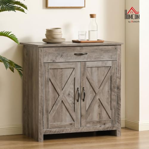 HOMCOM Farmhouse Sideboard Buffet Cabinet Barn Door Gray | Coffee Bar Cabinet, Drawer, Adjustable Shelf, Kitchen, Living Room, Entryway - color: Grey