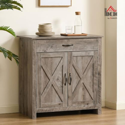 HOMCOM Farmhouse Sideboard Buffet Cabinet Barn Door Gray | Coffee Bar Cabinet, Drawer, Adjustable Shelf, Kitchen, Living Room, Entryway - color: Grey