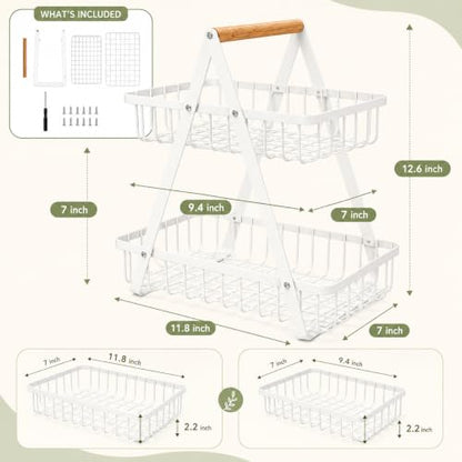 mahueeol 2-Tier Countertop Fruit Basket with Wooden Handle, Detachable | Detachable metal baskets with wooden handle for fruits, vegetables, bread and snacks in kitchens, pantries or dining rooms - color: White
