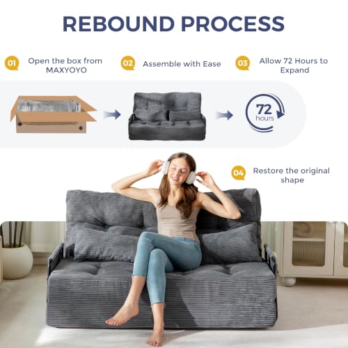 MAXYOYO Adjustable Folding Sofa Bed Couch with 2 Pillows, Dark Grey | Multi-Functional Bean Bag Bed, 5-Position Foldable Lazy Floor Sofa Bed with Armrest, Versatile Floor Seating for Reading - color: Dark Grey