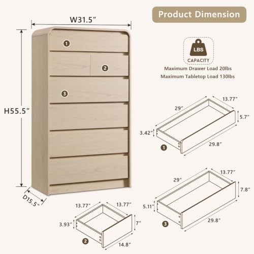 Aitjunz Modern 7 Drawers Dresser for Bedroom, 55" Tall Dressers, Cream | Wooden Dressers & Chest of Drawers w/Curved Profile Design, Mid Century Vertical Storage Dressers Organizer for Bedroom - color: Cream, size: 15.5"D x 31.5"W x 55.5"H (7 Drawers)
