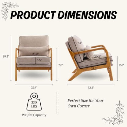 Karl home Mid-Century Modern Accent Reading Chair, Khaki | Chenille Upholstered, Solid Wood Frame, Soft Cushion, Lumbar Pillow, Lounge Armchair for Living Room, Bedroom, Balcony, Study - color: Chenille Khaki