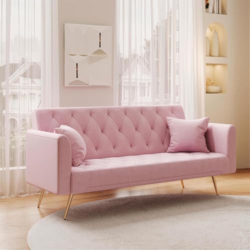 Anwick 72''Modern Velvet Sofa Bed Futon,Convertible Folding Sleeper Couches with 3 Adjustable Backrests,Tufted Recliner Loveseat with Golden Chrome Legs for Living Room Apartment Office (Light Pink) - color: Light Pink