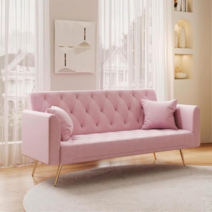 Anwick 72''Modern Velvet Sofa Bed Futon,Convertible Folding Sleeper Couches with 3 Adjustable Backrests,Tufted Recliner Loveseat with Golden Chrome Legs for Living Room Apartment Office (Light Pink) - color: Light Pink