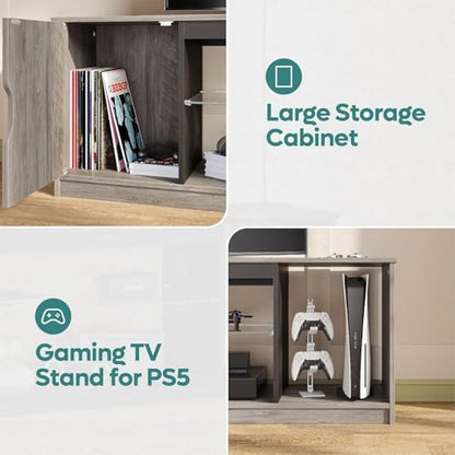 Bestier LED TV Stand for PS5,Modern Gaming Entertainment Center with Cabinet for 60/65 Inch TV, TV Console with Adjustable Glass Shelf for Living Room Bedroom Grey - color: Grey
